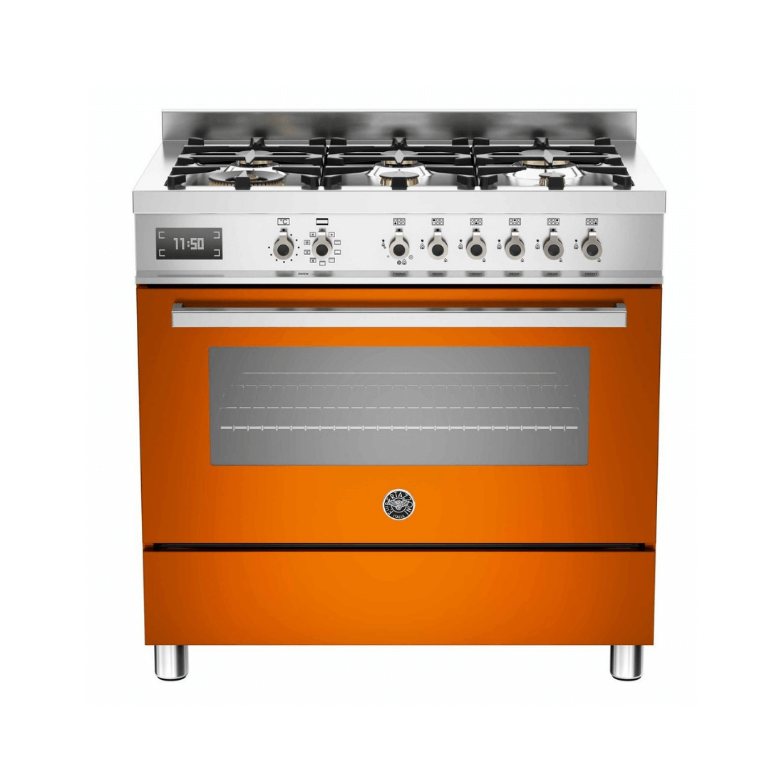 Fogão Bertazzoni Professional 6 bocas, forno elétrico de 108 litros, pintura laranja e acabamento em inox.
